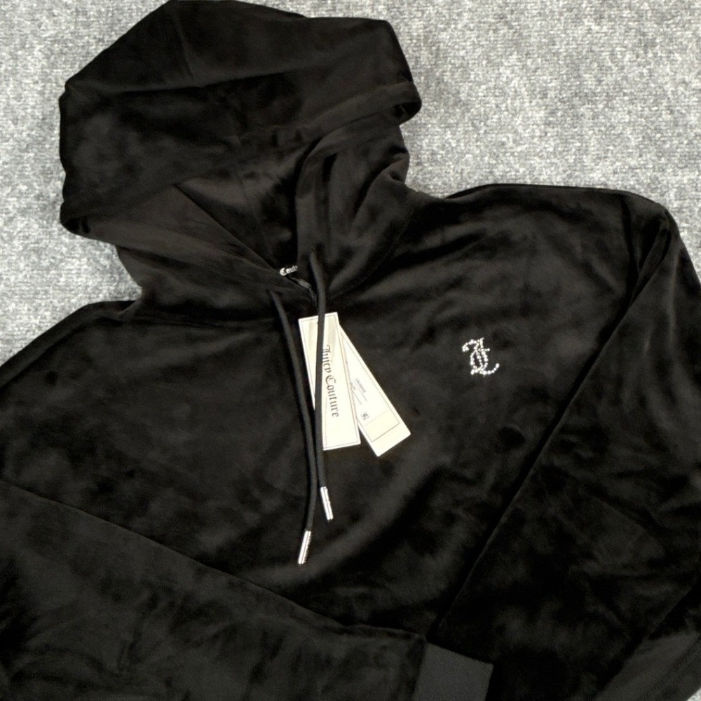 Juicy Couture OG Big Bling Crop Hoodie Womens L Black Velour Rhinestone Y2K NWT